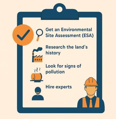 Visual checklist showing steps for a due diligence survey, including ESA, land history research, pollution signs, and hiring experts for industrial land.