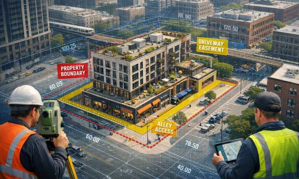 Mixed use building alta survey property boundary view - ALTA SURVEY Chicago ALTA survey showing a mixed-use building with property boundaries, easements, and access points highlighted before purchase
