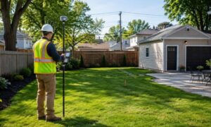 Residential surveyor measuring buildable space, property boundaries, and site conditions before adding a backyard unit