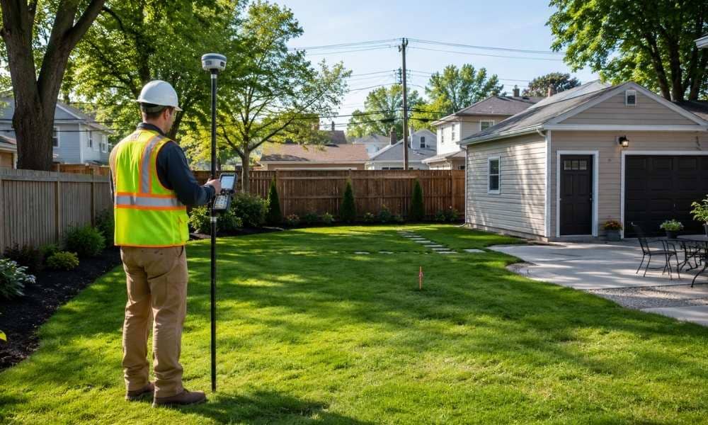Residential surveyor measuring buildable space, property boundaries, and site conditions before adding a backyard unit