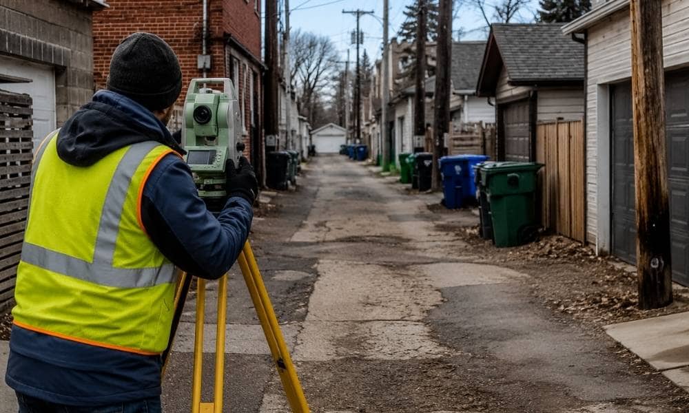 Surveying companies using professional survey equipment to access a property's rear alley during a land survey