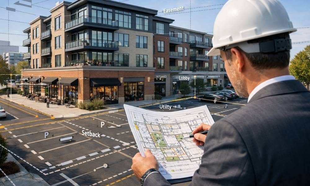 A surveyor reviews site plans in front of a mixed use building with retail space, apartments, and marked property features including parking areas, utilities, and easements