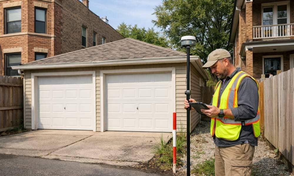 Surveyor inspecting a shared garage to evaluate the boundary survey cost for properties with shared garages