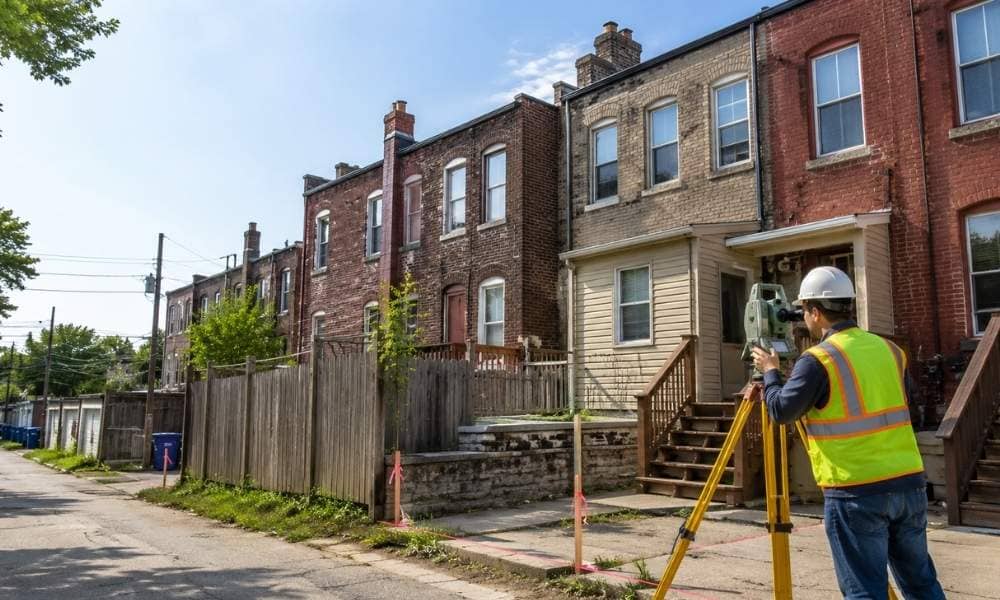 A licensed land surveyor measures property boundaries between historic rowhouses on narrow urban lots with shared walls