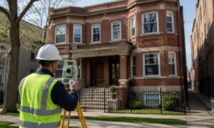 Land surveyor performing a property survey of an older brick two flat before a home sale