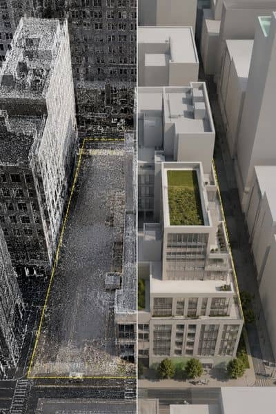 Side-by-side comparison of LiDAR mapping data and a proposed redevelopment design used to evaluate existing site conditions before construction