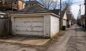Old detached garage along an alley where homeowners need to find property lines