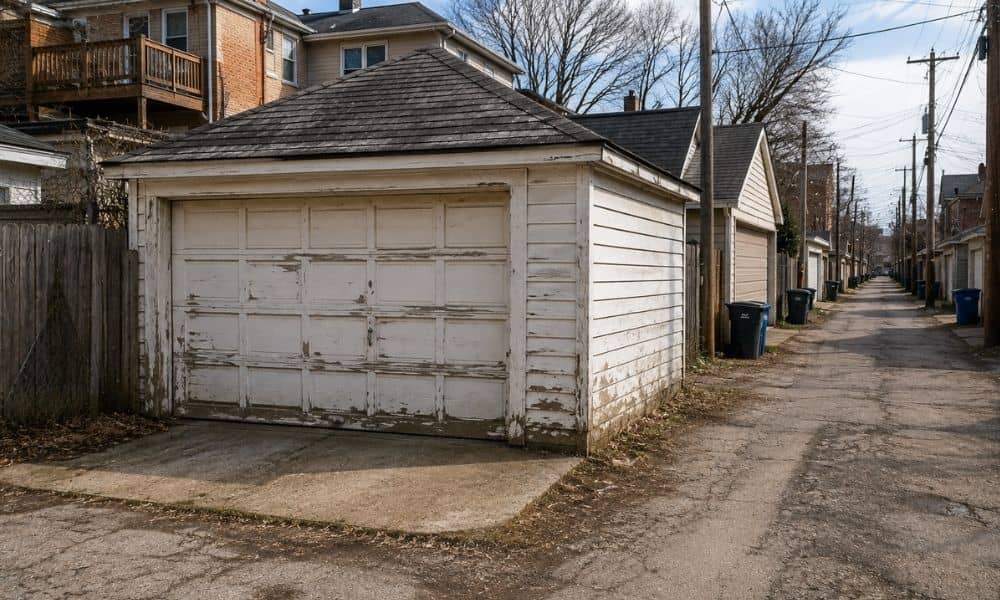 Old detached garage along an alley where homeowners need to find property lines