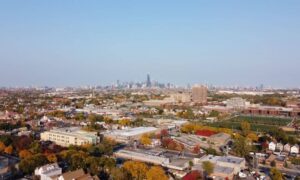 Aerial view of Chicago homes and property lots for a subdivision survey