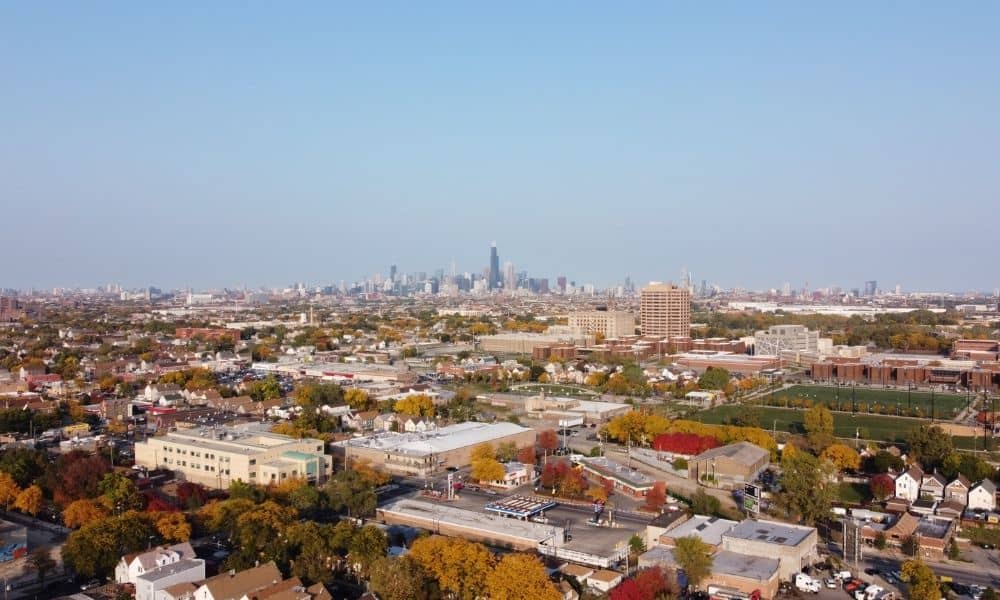 Aerial view of Chicago homes and property lots for a subdivision survey