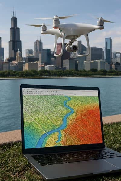 Drone surveying in Chicago with GIS elevation mapping for flood risk assessment
