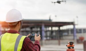 Drone land surveying with a surveyor operating a drone at a construction site