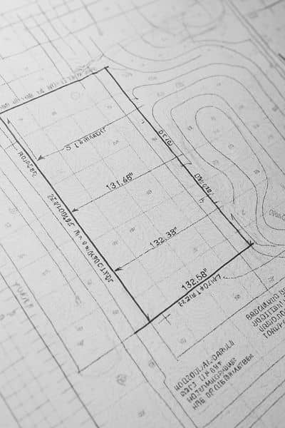 Property surveys with boundary lines, measurements, and contour elevations shown on a detailed survey plat
