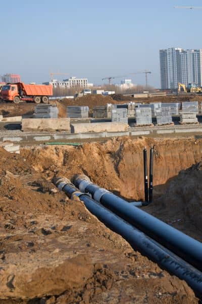Stormwater pipes and grading work during construction of a detention system to meet flood control regulations