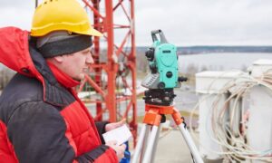 Surveyor on site using total station equipment during a funding freeze affecting alta title survey projects