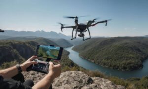 Drone surveyor capturing aerial data over a river valley to monitor shoreline elevation changes after a seiche