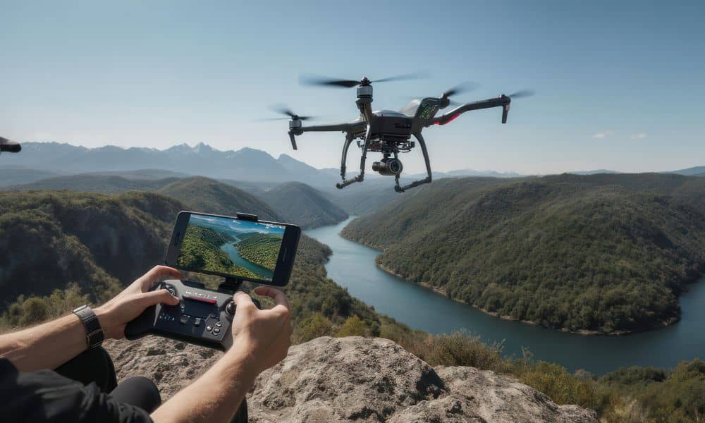 Drone surveyor capturing aerial data over a river valley to monitor shoreline elevation changes after a seiche