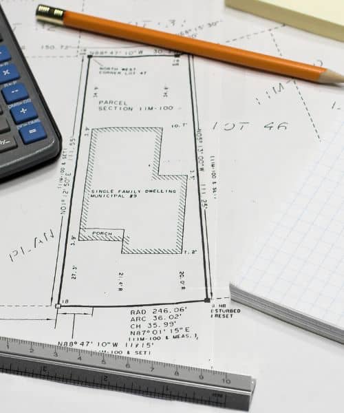 Technical property survey plan showing lot dimensions and boundaries with a calculator and ruler