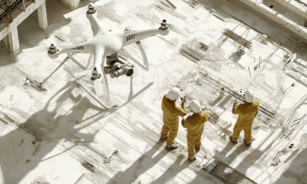 Construction drone site inspection - ALTA SURVEY Chicago A UAV survey drone captures site data while workers inspect a construction area, showing how drone mapping supports projects during labor shortages