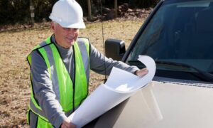 Surveyor reviewing site plans during an ALTA survey for a commercial property