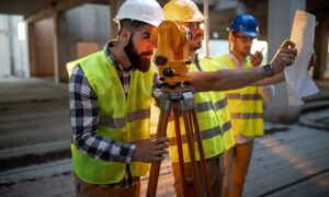 Surveyors using construction surveys to verify site layout before building begins