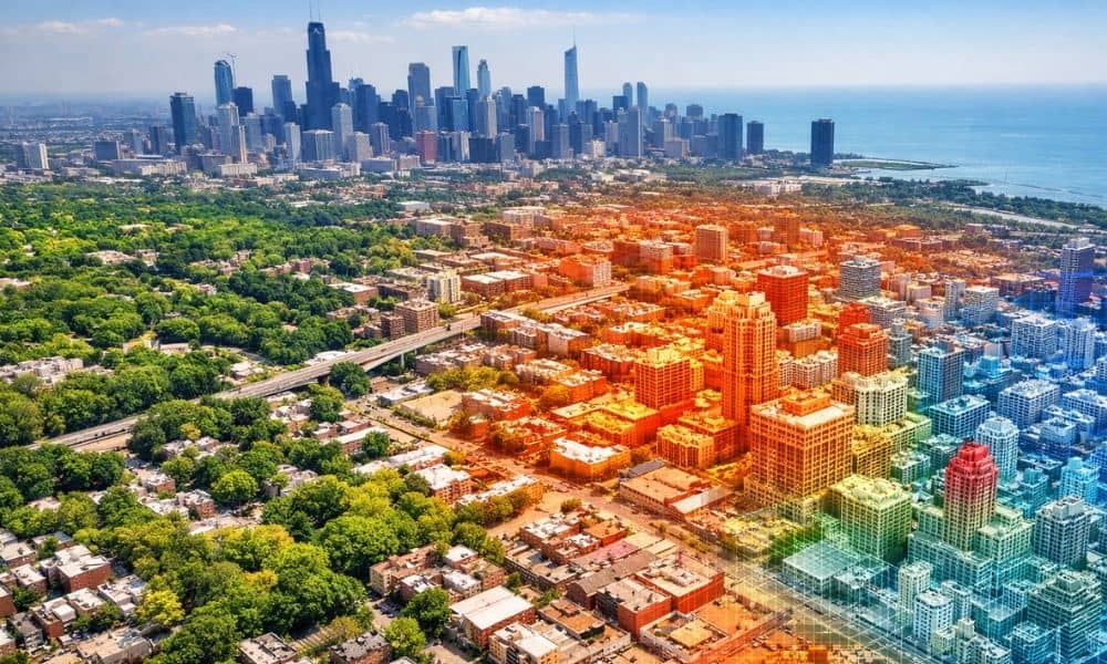 Aerial city view showing how lidar mapping helps analyze urban heat and tree canopy coverage