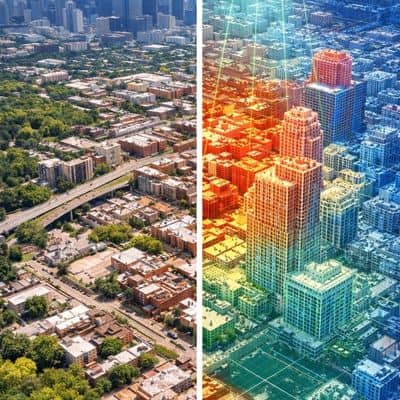Urban lidar point cloud city model - ALTA SURVEY Chicago Technical visualization showing lidar mapping capturing building heights and surface details for urban analysis