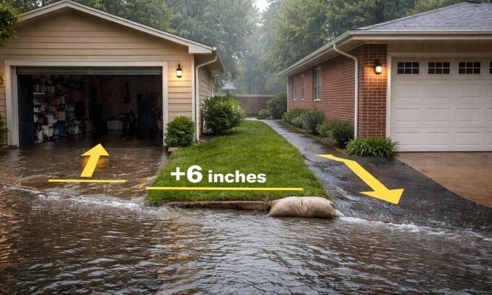 Heavy rain showing water flowing toward a lower garage due to small grade difference identified through an elevation survey