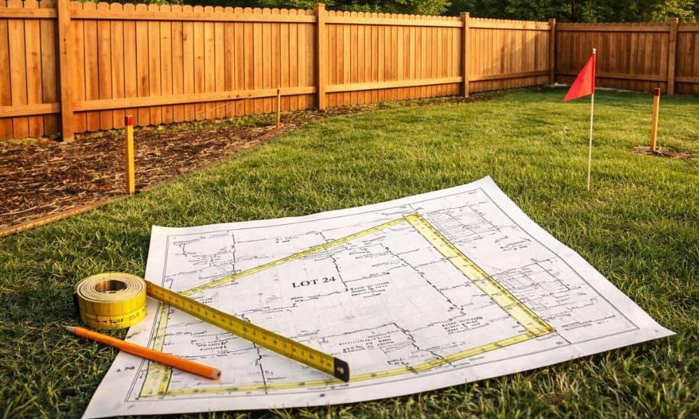 Property survey showing boundary lines aligned with a backyard fence installation in a residential yard