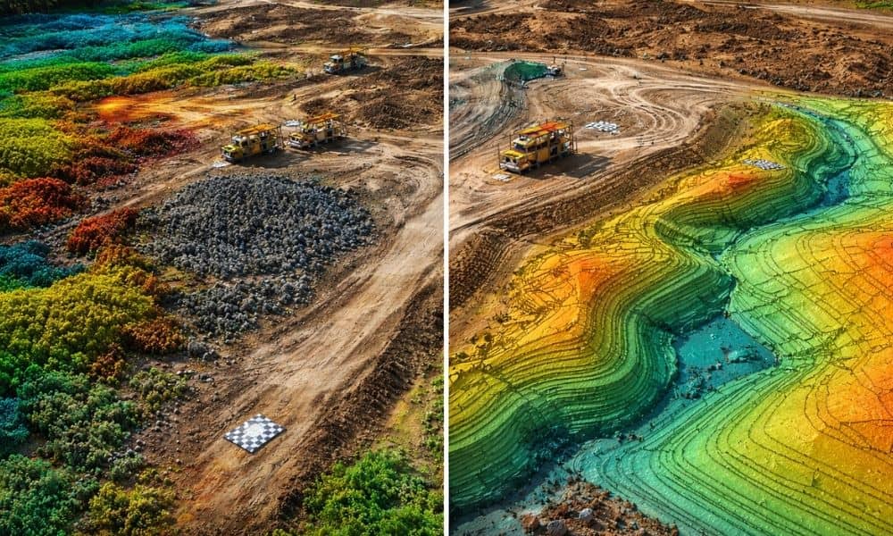 Aerial view of a construction site with visible ground control targets and detailed point cloud overlay demonstrating lidar mapping accuracy for grading and site development
