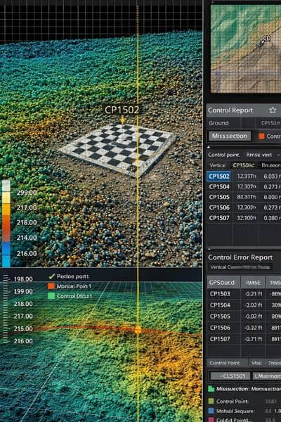 Screenshot of point cloud processing software showing control point verification and elevation error report supporting lidar mapping accuracy