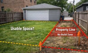 Backyard property lines coach house planning - ALTA SURVEY Chicago Land surveying view showing backyard property lines for a coach house project in a residential lot