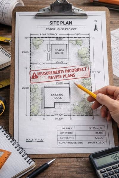 Land surveying site plan showing property boundaries and layout issues for a coach house permit review