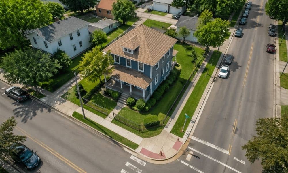 Aerial view of a corner residential property showing intersecting streets and lot boundaries highlighting factors that affect boundary survey cost