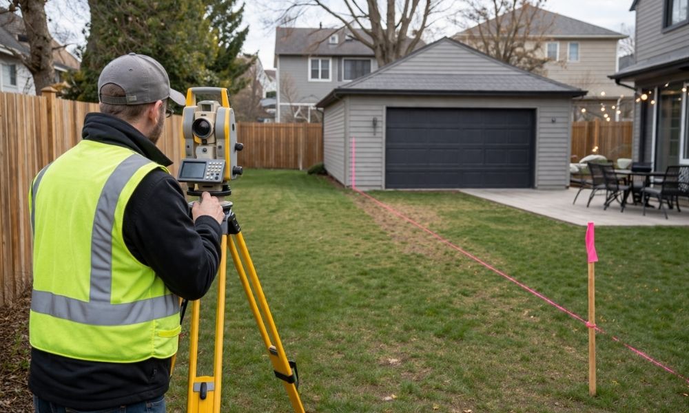 Land surveyor measuring backyard property lines using equipment to complete a boundary survey before building an ADU