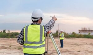 Land surveyor measuring a property before building permit submission