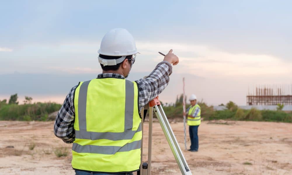 Land surveyor measuring a property before building permit submission