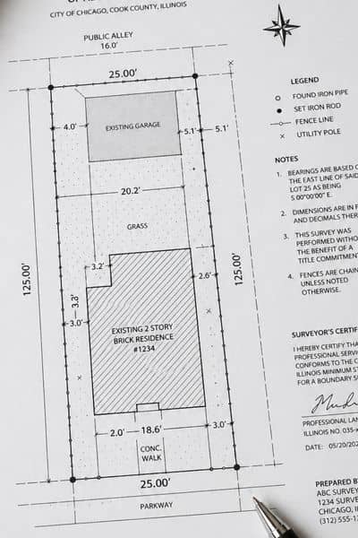 Property survey drawing showing lot dimensions, building layout, and measured boundaries