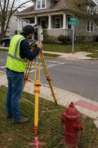 Surveyor using equipment at a corner lot to measure property lines, showing the detailed work that affects boundary survey cost