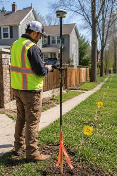 Licensed survey confirming property boundary gps - ALTA SURVEY Chicago Licensed land surveyor using GPS equipment to confirm property boundaries in a residential neighborhood
