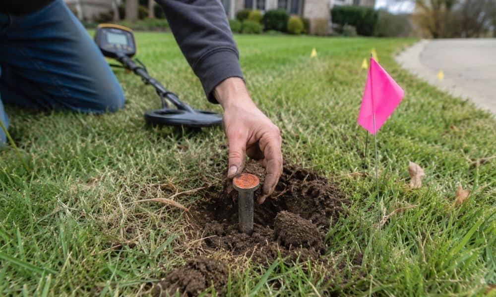 Property survey marker search residential yard - ALTA SURVEY Chicago Homeowner using a metal detector to locate a property survey marker near a residential yard boundary