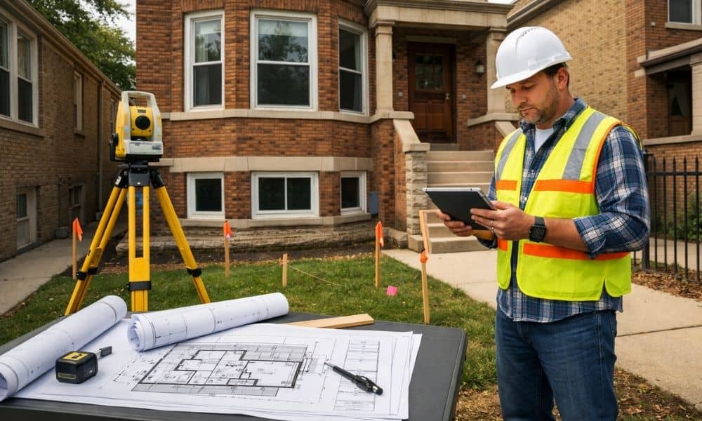 Home survey before basement unit conversion - ALTA SURVEY Chicago Surveyor reviewing property measurements during a home survey for a planned basement unit conversion