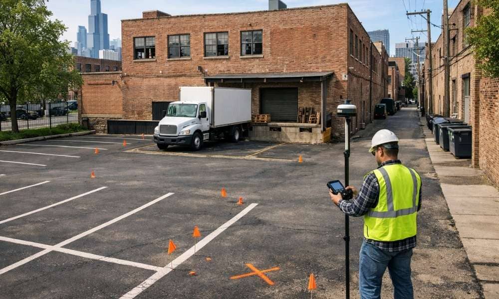 A land surveyor uses GPS equipment for survey mapping at a commercial property with a parking lot, loading dock, and rear alley