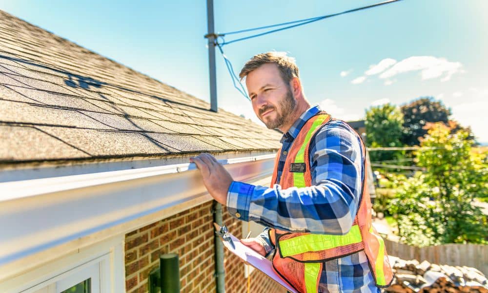 Surveyor examining the roof of a Chicago home as part of a home survey
