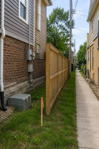 Survey marker near a fence and utility area where land survey property boundaries are being identified in Chicago